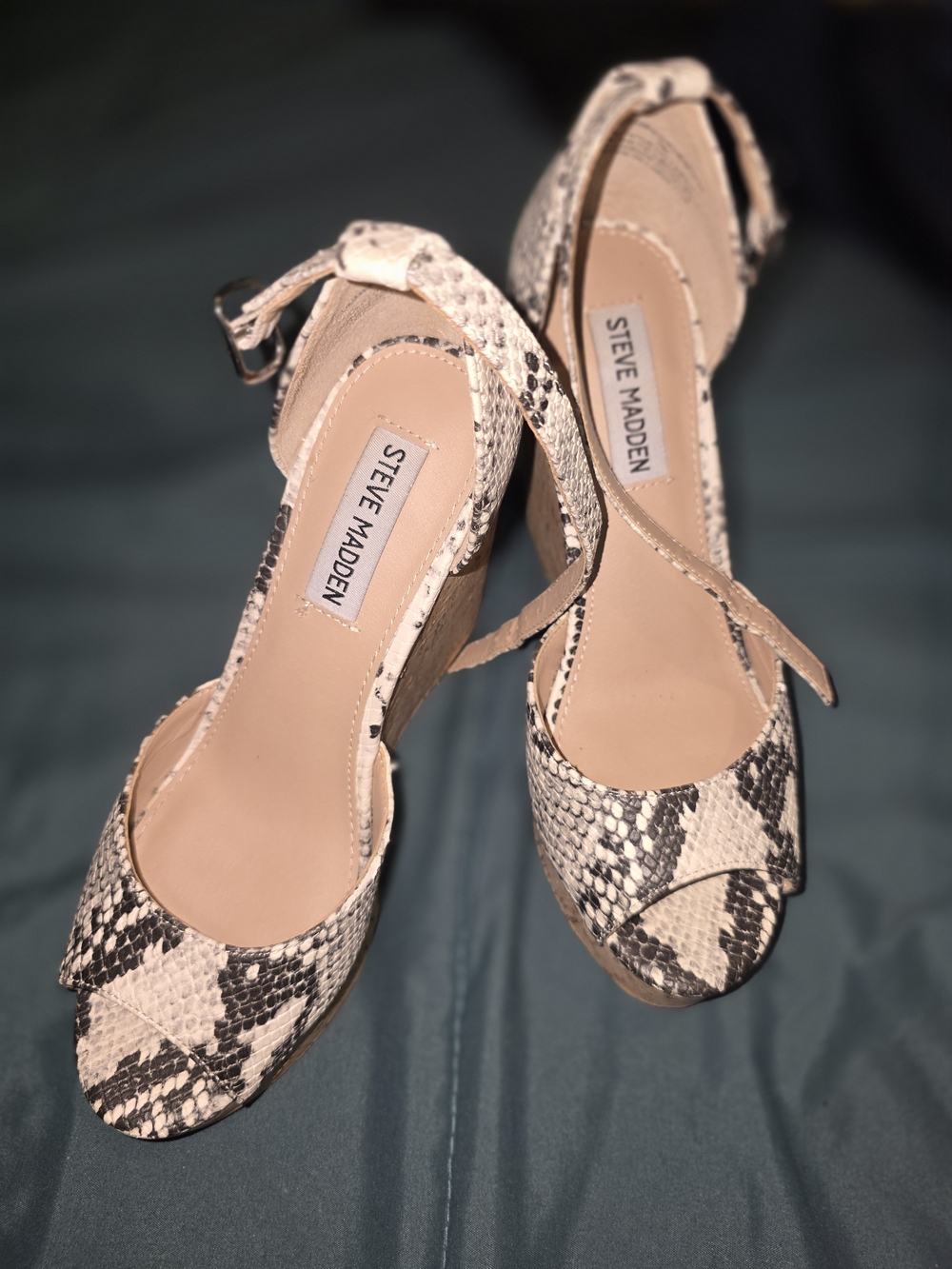Steve Madden Snake-Print Ankle Strap Heels in Beige and Black